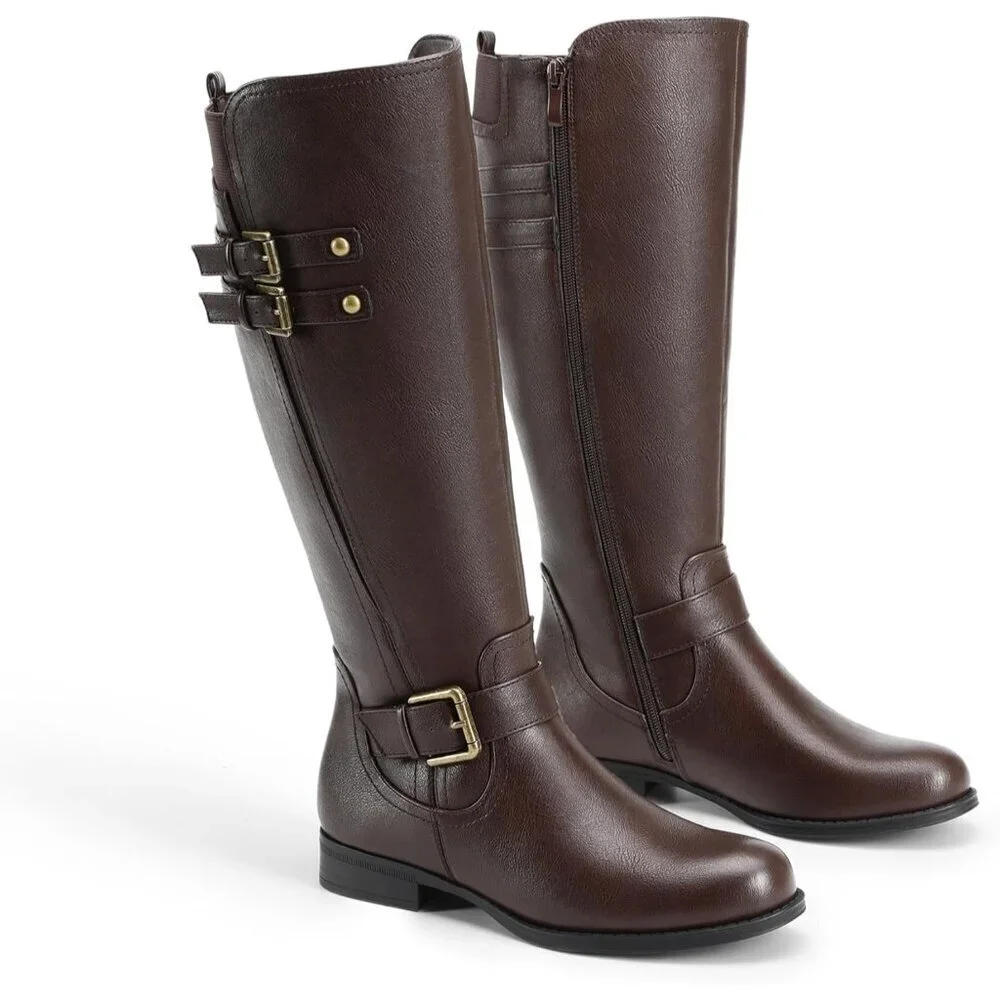 🆕Womens Faux Leather Brown Knee High Buckle Chunky Heel Flat Riding Pirate Boot
